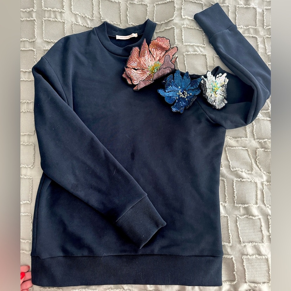 FLORAL-EMBELLISHED COLD-SHOULDER SWEATSHIRT IN BLACK, SIZE XS - Picture 2 of 4